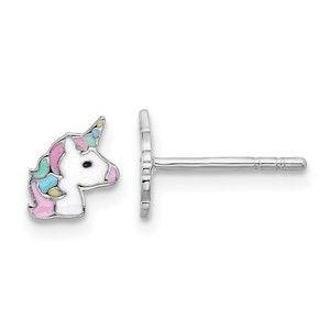 Sterling Silver Rhodium-plated Enameled Unicorn Children's Post Earrings